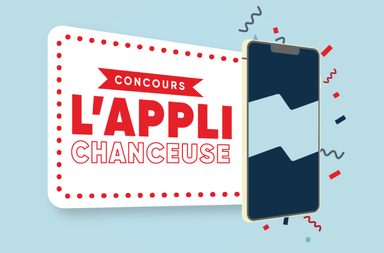 Dessin d’un cellulaire affichant le logo de la Banque Nationale et le concours L’appli chanceuse